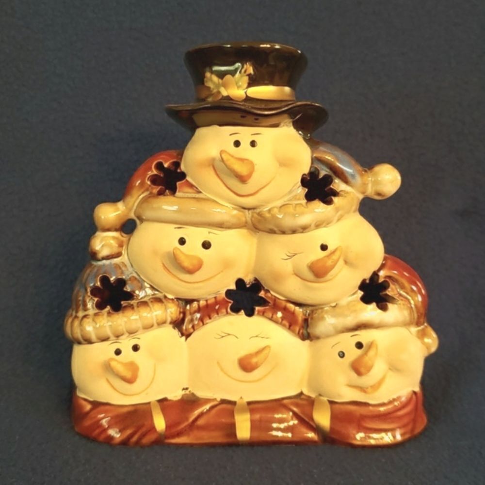 Adorable Vintage 6 Face Snowman Ceramic Tealight Candle Holder